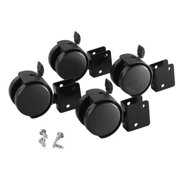 A group of four black Young Time caster wheels with screws and nuts.