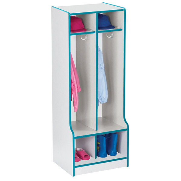 A teal and gray Rainbow Accents 2-section coat locker with two doors.