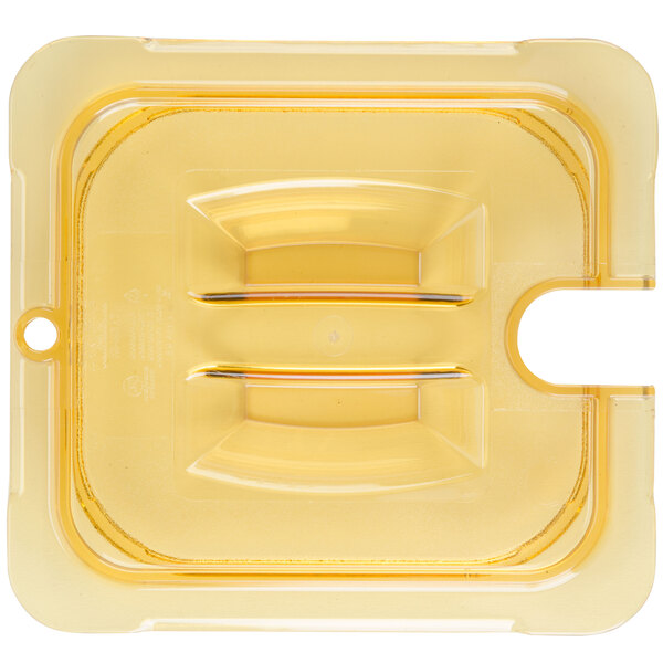 A yellow plastic Carlisle lid with a handle and spoon notch.