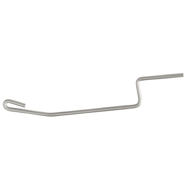 A metal hook on a long metal rod with a white background.