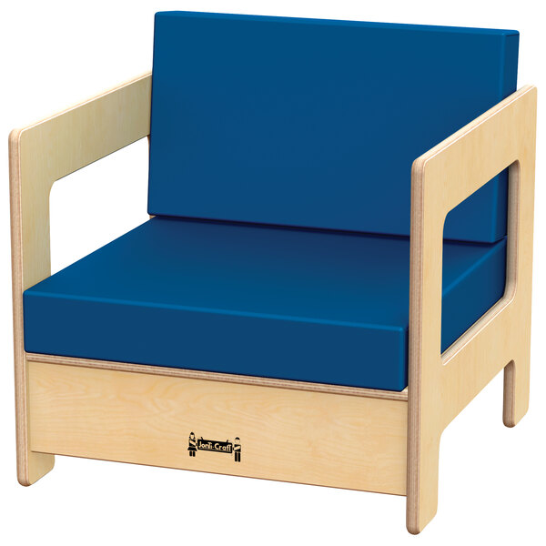 A blue Jonti-Craft children's chair with a wooden frame.