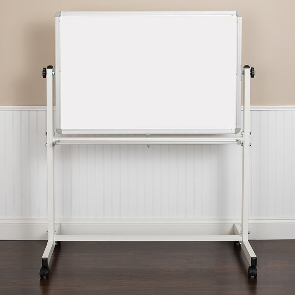 A whiteboard on a mobile stand with a whiteboard on both sides.