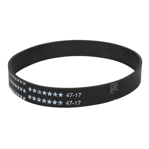 A black rubber Sanitaire Style U replacement belt with white stars and numbers.