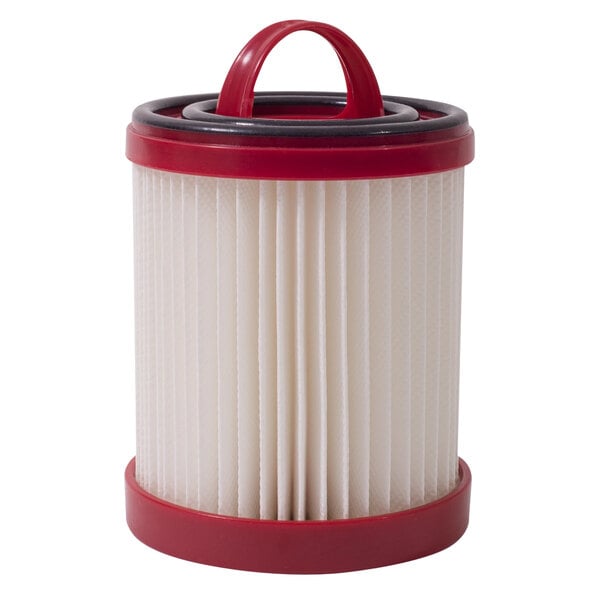 A red and black Sanitaire DCF-3 dust cup filter for a vacuum cleaner.