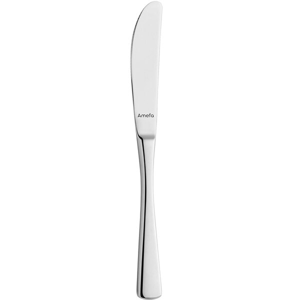 An Amefa stainless steel table knife with a silver handle.