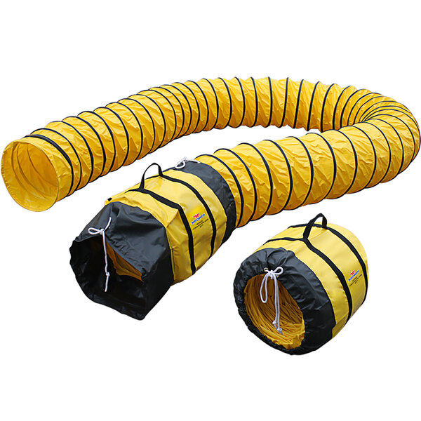 A yellow tube with black stripes on a black bag.