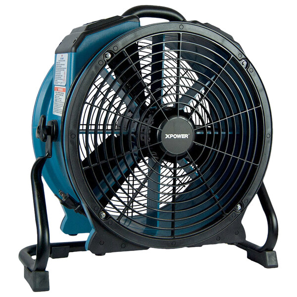 A blue and black XPOWER industrial axial fan on a stand.