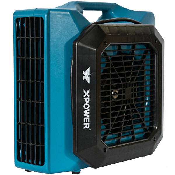 An XPOWER blue and black air mover with a fan.