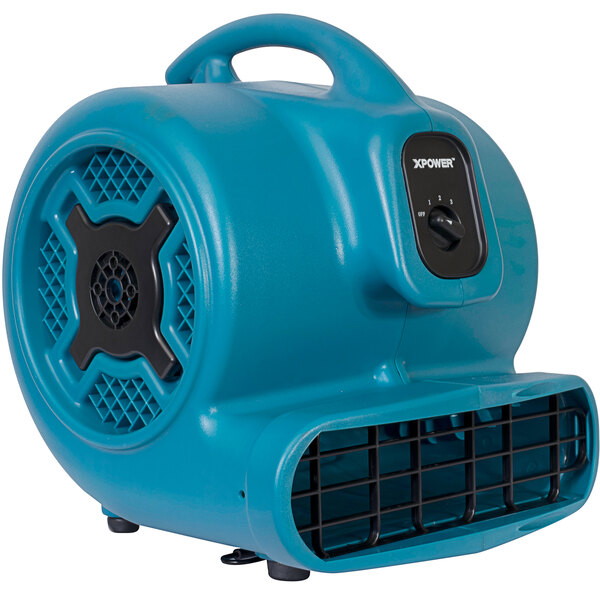 An XPOWER blue air mover with a black handle.