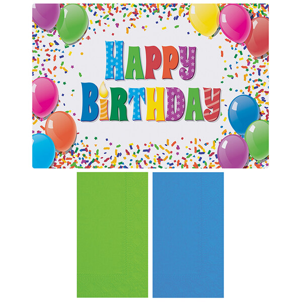 A white placemat with a purple border and yellow, purple, and green balloons with confetti and a birthday message.
