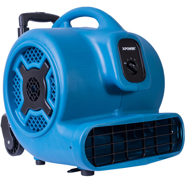 An XPOWER blue air blower with black handles and wheels.