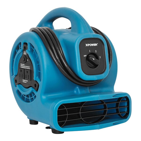 A blue XPOWER air blower with black power cord.