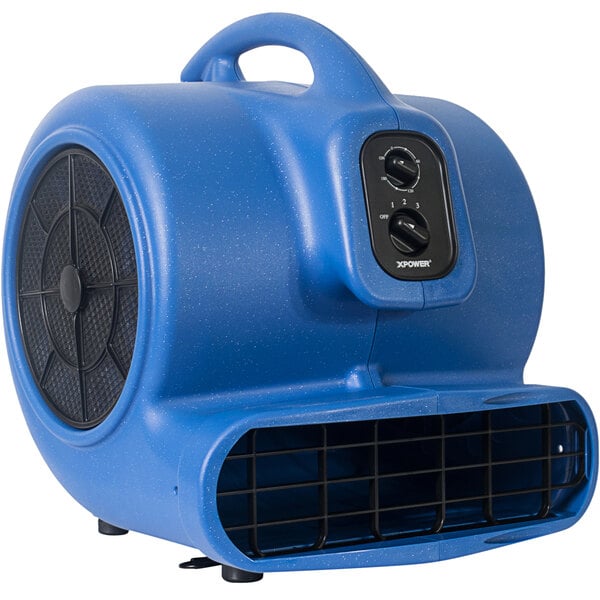 An XPOWER blue air mover with a black handle.