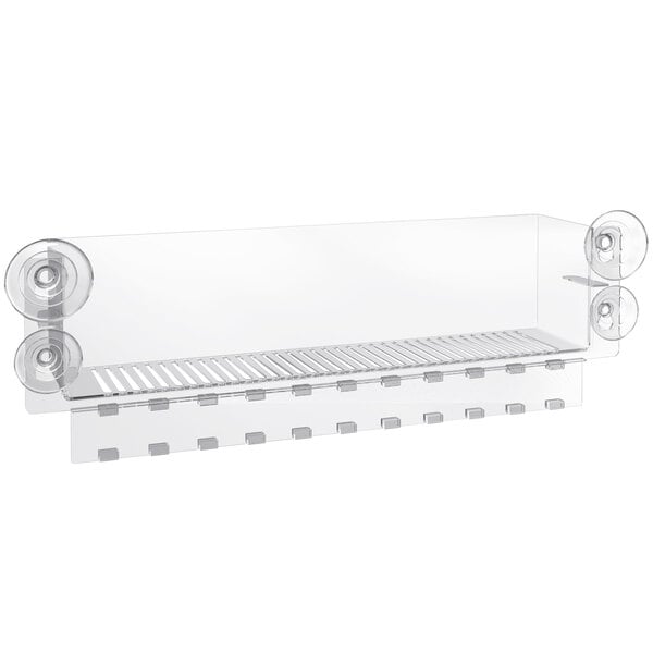 A clear plastic shelf with two shelves and suction cups.