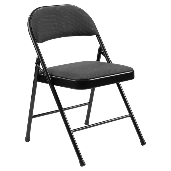 A National Public Seating black metal folding chair with a black padded seat and back.