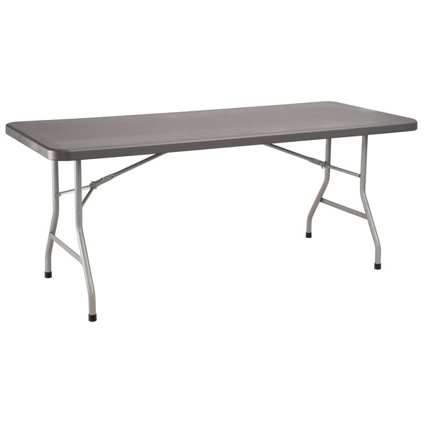 A National Public Seating charcoal slate rectangular folding table with legs.