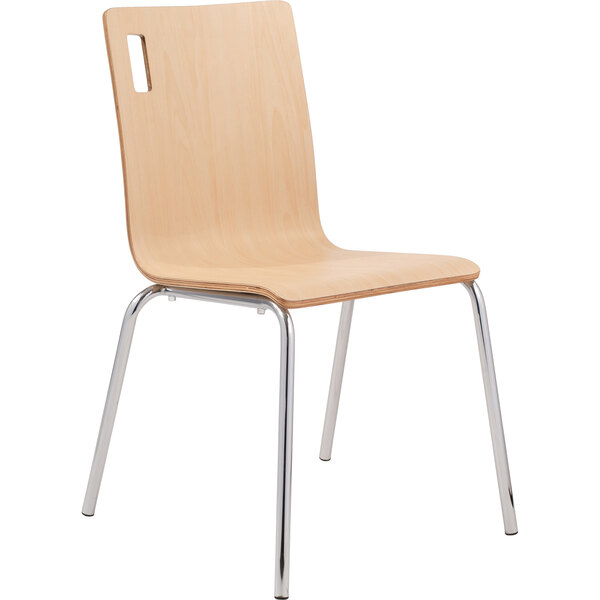 A National Public Seating Bushwick cafe chair with a natural wood finish and metal frame.