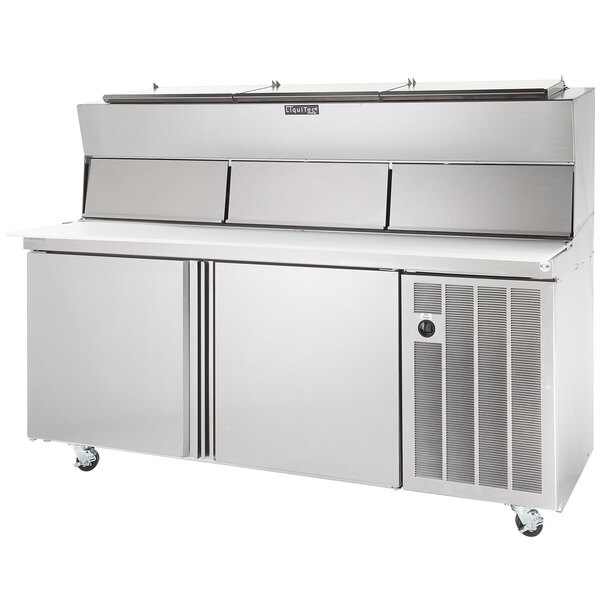 A Delfield stainless steel pizza prep refrigerator with two doors and dual raised rails.