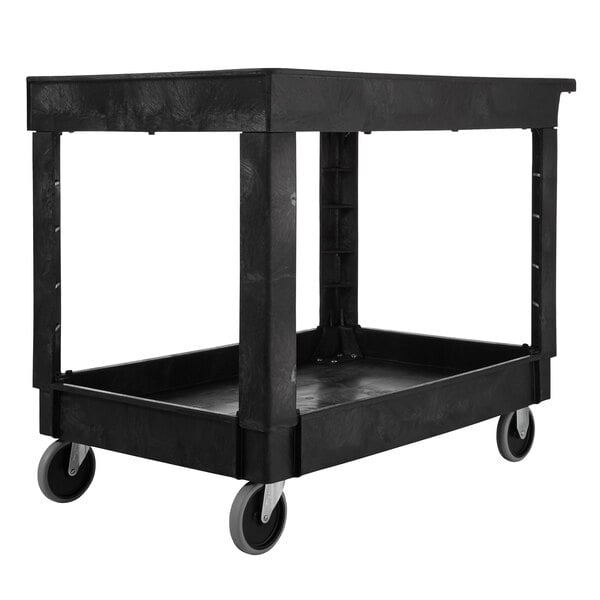 A black Rubbermaid utility cart with wheels.