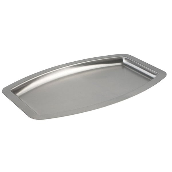 A Focus Hospitality Premier Pewter Veil Collection brushed stainless steel amenity tray with an oval shape and a handle.
