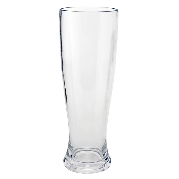 A clear plastic pilsner glass with a white background.