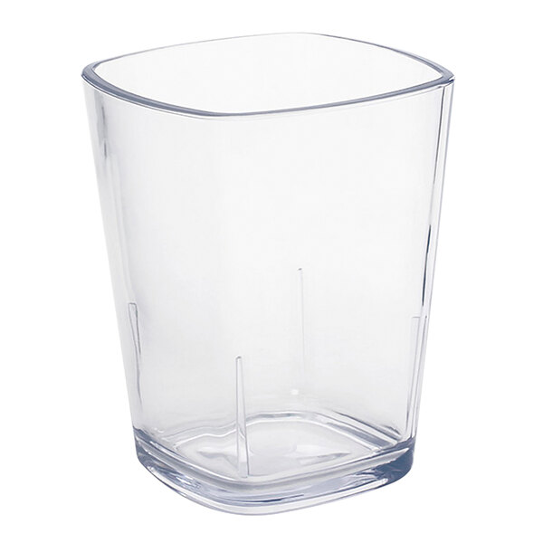 A Front of the House Drinkwise clear plastic double rocks glass with a curved edge.