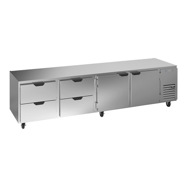 A stainless steel Beverage-Air undercounter refrigerator with 4 drawers.