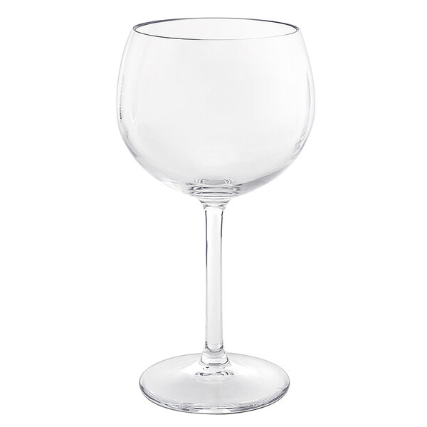 A Front of the House Drinkwise clear Tritan plastic wine glass with a stem.