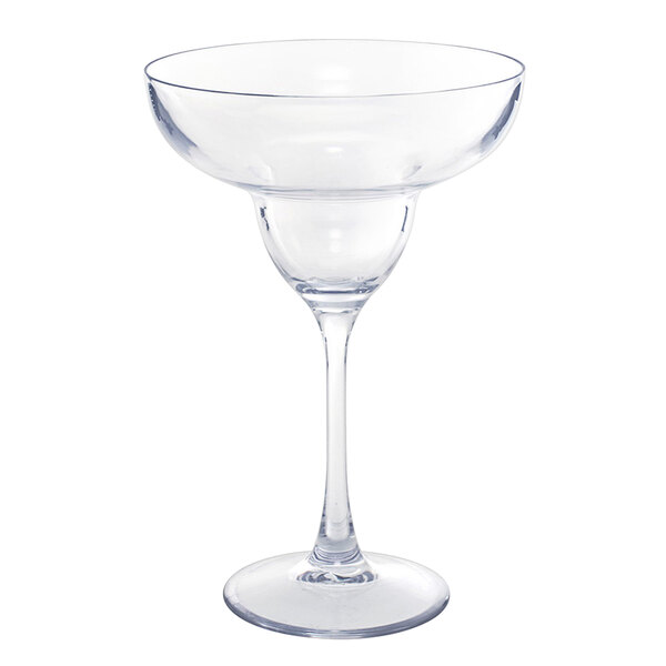 A Front of the House clear Tritan plastic margarita glass with a stem.