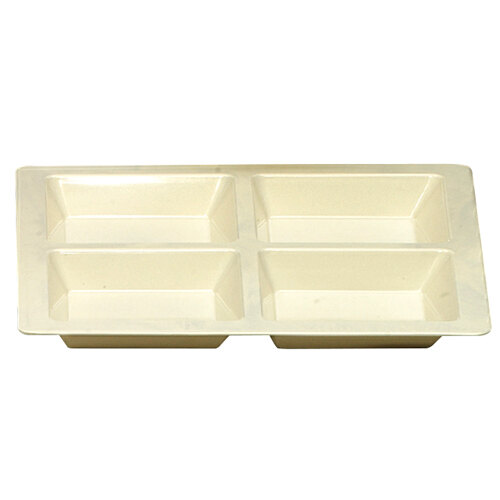 A white rectangular Thunder Group melamine tray with four compartments.
