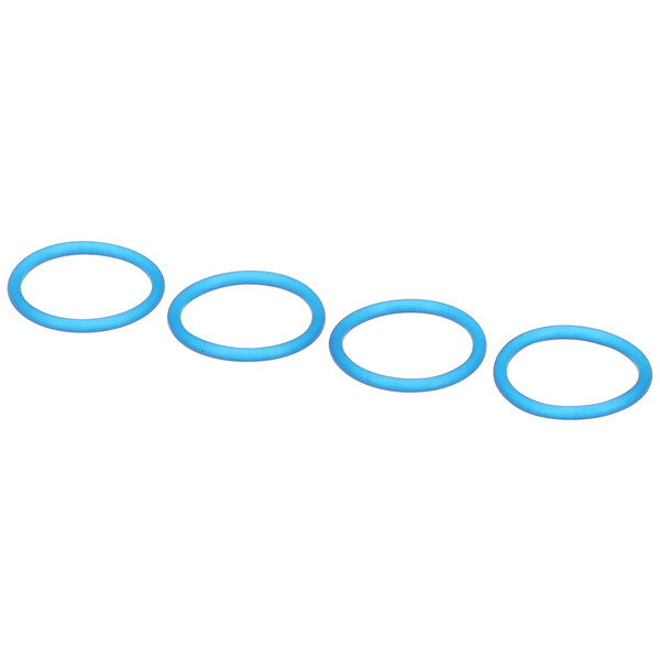 Four blue rubber O-rings on a white background.