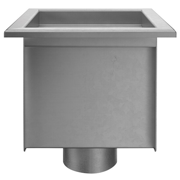 A Zurn stainless steel square floor sink with a drain.
