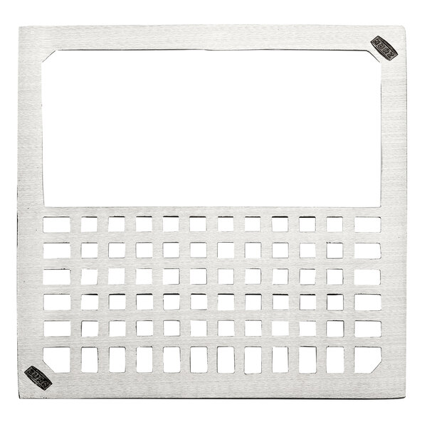 A white rectangular frame with a square grid with holes.