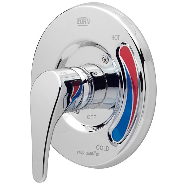 A Zurn chrome and blue Temp-Gard tub/shower faucet with red and blue handles.