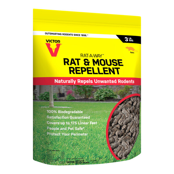 A bag of Victor Pest Rat-Away Rodent Repellent on a white background.