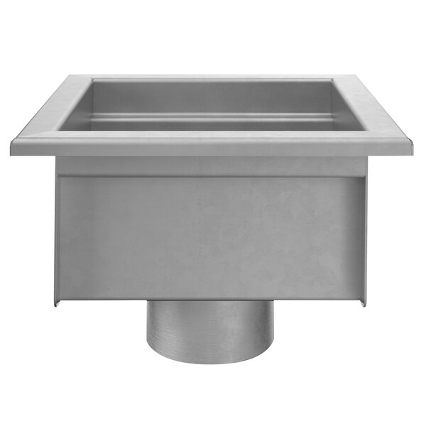 A close-up of a Zurn stainless steel floor sink.