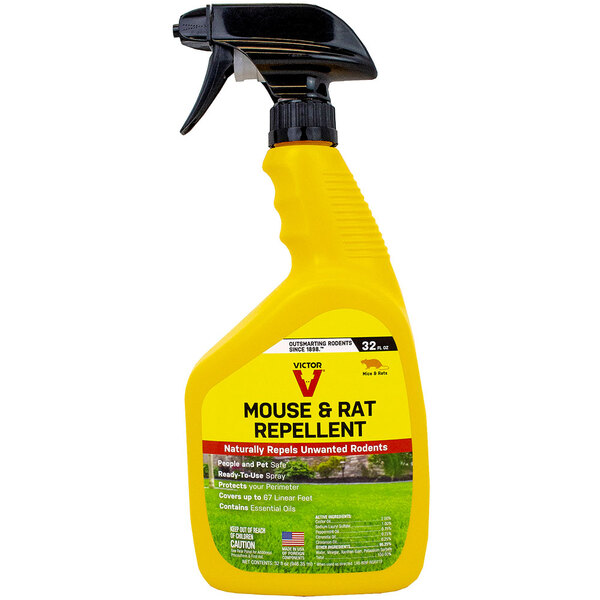 A yellow Victor Pest spray bottle with a yellow label for mouse and rat repellent.