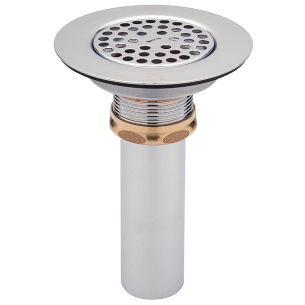 A silver and gold Zurn sink drain with a brass locknut and tailpiece.