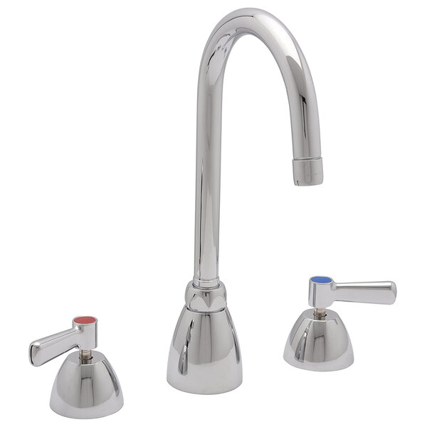 A Zurn chrome deck-mount faucet with two widespread faucets and gooseneck spout.