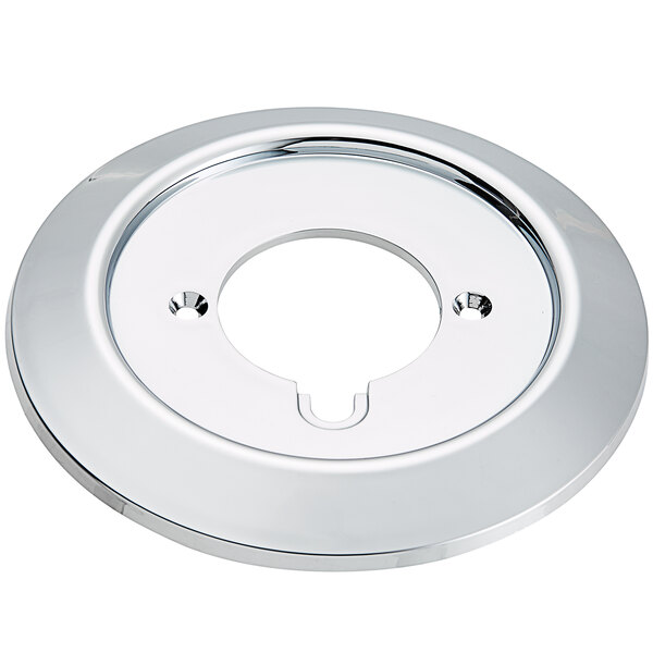 A chrome plated Zurn Temp-Gard tub/shower valve cover plate with a hole in the center.