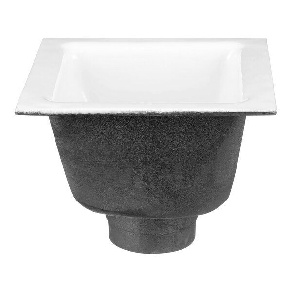 A black and white square Zurn floor sink with a white bowl.