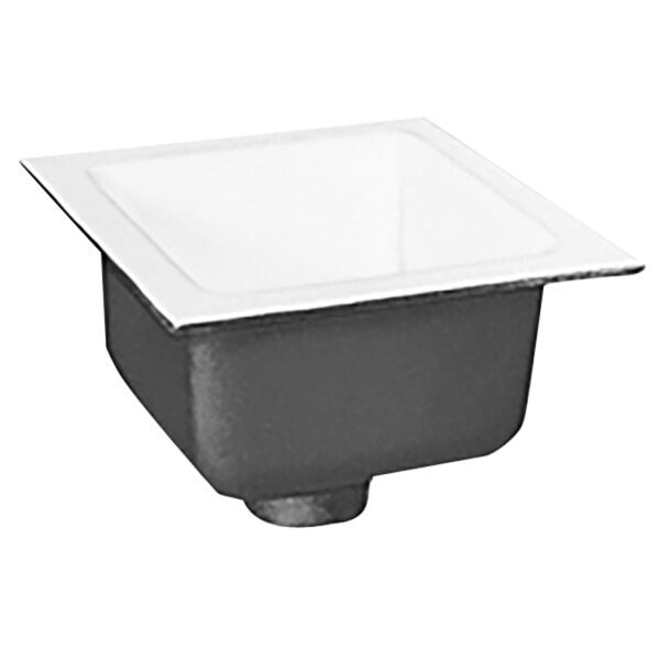 A white square floor sink with a black square bottom and a white square top.