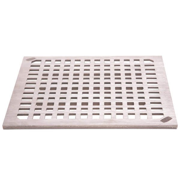 A white square Zurn nickel bronze grate with rectangular holes.