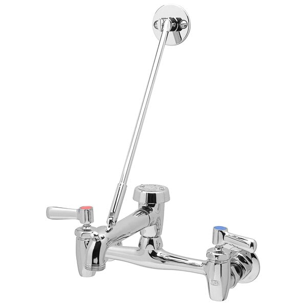 A Zurn chrome wall mount service sink faucet with a hose.