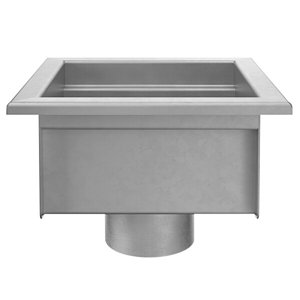 A close-up of a Zurn stainless steel floor sink with a drain.