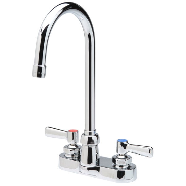 A chrome Zurn deck-mount faucet with Zurn lever handles in red and blue.