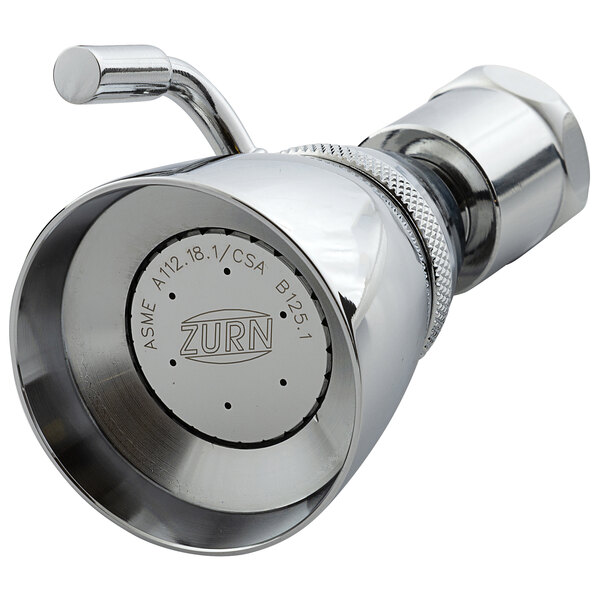 A close-up of a Zurn chrome shower head with text on a white background.