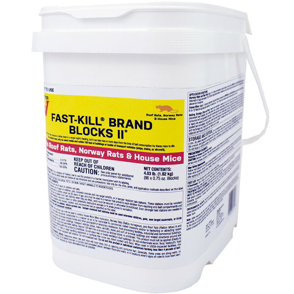 A white Victor Pest bucket of Fast-Kill Brand Blocks II rodenticide.