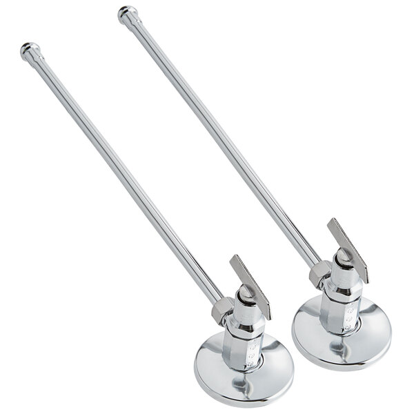 Two Zurn chrome plated metal angle stops with copper risers and flanges.