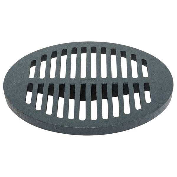 A black round metal Zurn cast iron grate with holes.